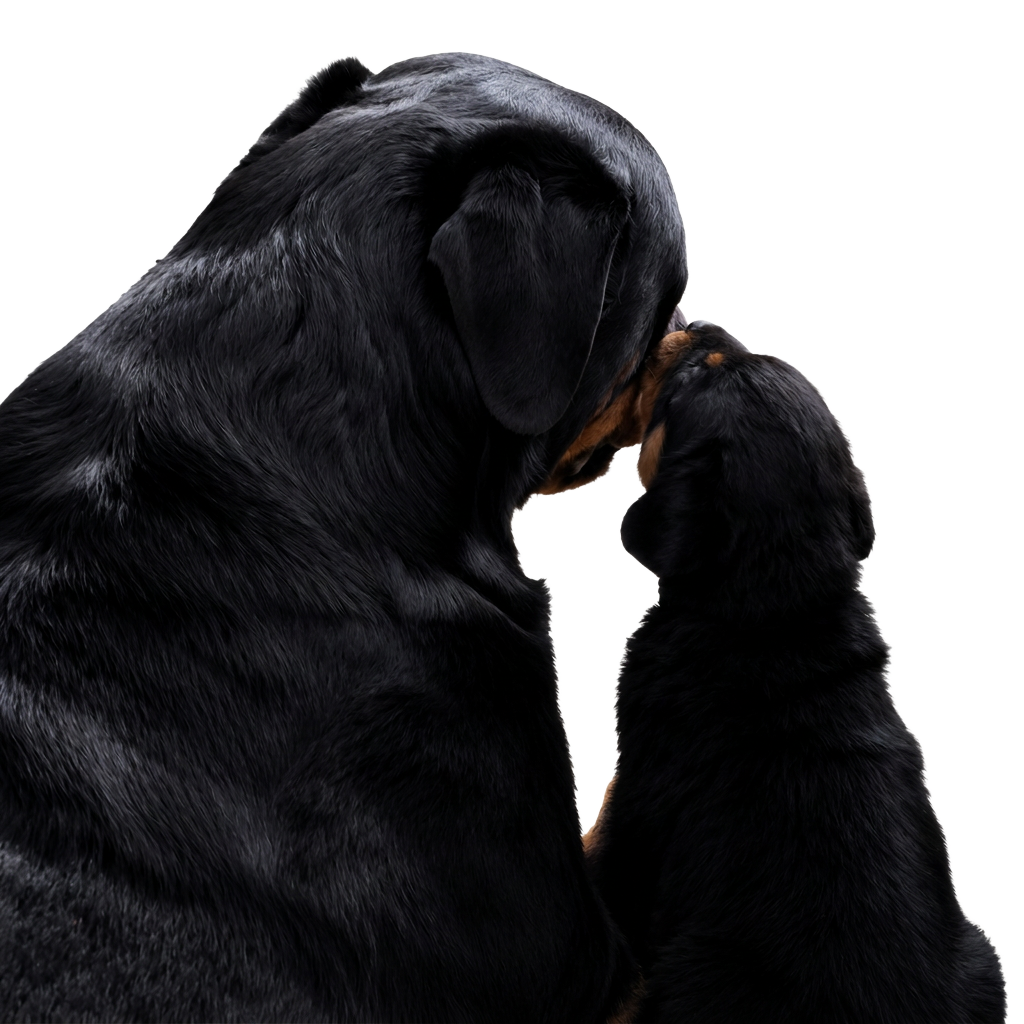 Moe as an adult Rottweiler nose to nose with Buster as a puppy